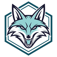 Teal Fox Head with Angry Expression in Hexagon Frame, Abstract Animal Design