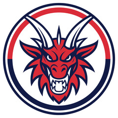 Red Dragon Head Mascot Design with Horns and Circle Border Isolated on White