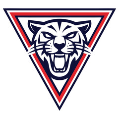 Obraz premium Aggressive Roaring Tiger Head Logo Mascot With Striking Red, Blue, And White Triangle