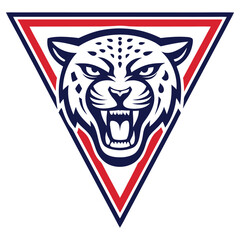 Aggressive Jaguar Head in Triangle Shape. Blue, Red, and White Mascot Logo Design