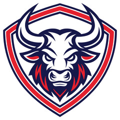 Intricate Bull Head Design, Bold Horns, Shield Frame, Striking Red and Blue Colors