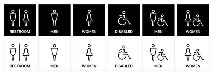 Restroom icon set. male and female toilet symbols. disabled icon. gender icon. restroom pictogram. WC signage on black and white SVG vector.	
