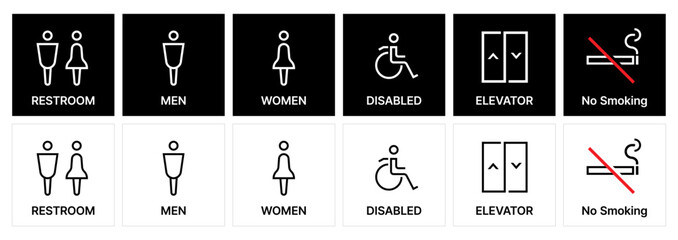 Restroom icon set. male and female toilet symbols. disabled icon. gender icon. restroom pictogram. Elevator and No smoking public sign. WC wayfinding signage	
