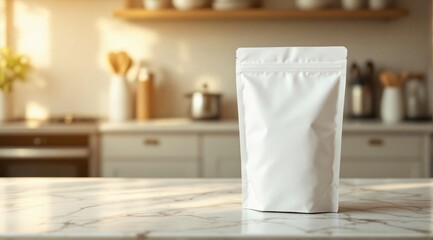 A clean, white paper pouch with a ziplock rests on a marble surface, with soft shadows enhancing its premium look.
