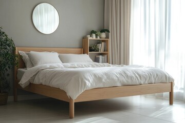 Light wood bed with white linen bedding in bright minimalist bedroom.