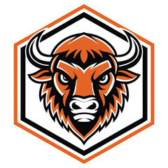 Orange Buffalo Head with Black Outline, Hexagonal Frame, Sports Mascot Style