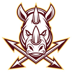 Rhino Head Over Crossed Arrows, Outline Style, Detailed Horn, Maroon and Gold Accents