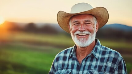 Fototapeta premium Joyful older man wearing a plaid shirt and cowboy hat enjoying nature in golden sunset light