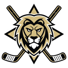 Lion Head with Crossed Hockey Sticks, Black, Gold, and White Abstract Design