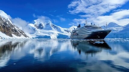 Majestic Cruise Ship Navigates Serene Antarctic Waters Surrounded by Snow-Capped Mountains