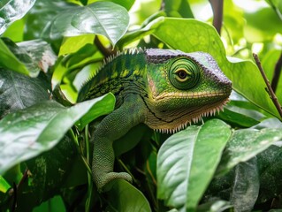 Green Chameleon Hiding in Tropical Foliage.