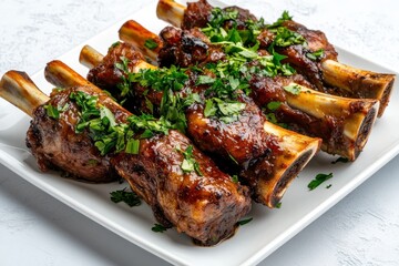 Juicy Barbecue Beef Ribs Topped with Fresh Herbs Served on White Plate for Delicious Meal