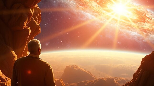 A radiant and luxurious scene featuring a man gazing into a vast galaxy, bathed in a warm golden glow