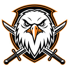 White Eagle Head Shield with Swords Mascot Icon, Black Outline & Orange Details