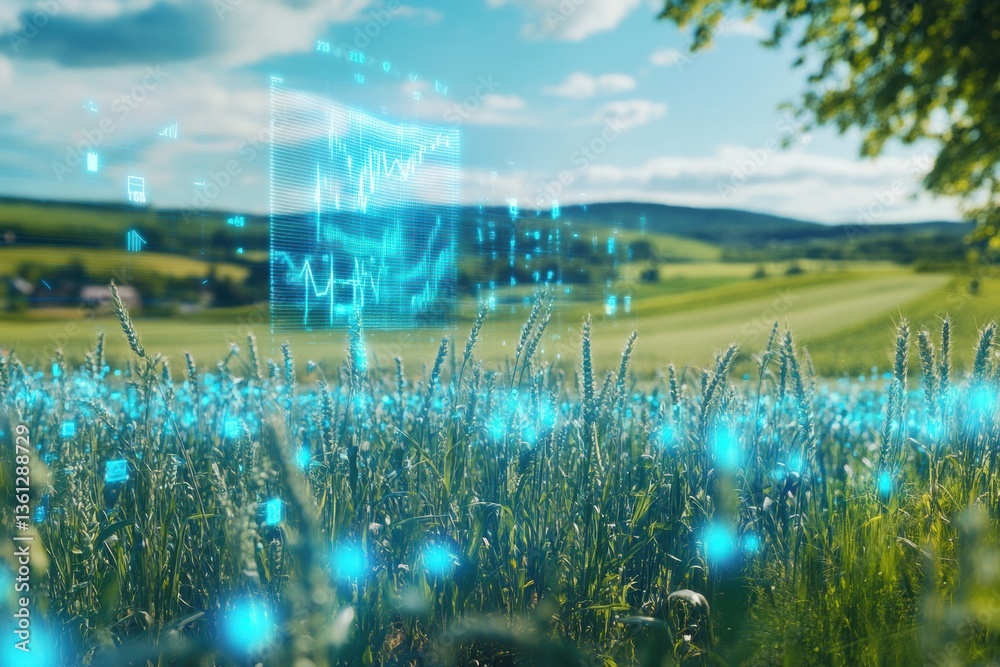 Poster high-tech holographic display of crop yield data over rural farmland with glowing blue elements amid