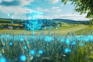 High-tech holographic display of crop yield data over rural farmland with glowing blue elements amidst nature Generative AI