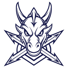 Intricate Outlined Dragon Head with Crossed Arrows, Mythical Creature Symbol Isolated