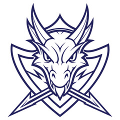 Modern Angry Dragon Head Emblem with Shield, Sharp Horns, Navy Blue Color Isolated