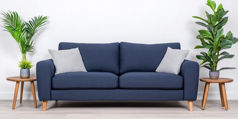 Two seater blue sofa with plants and side tables