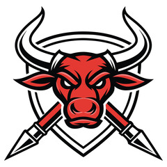 Angry Red Bull Head with Horns, Two Spears and Shield Animal Icon