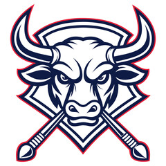Angry Bull Head with Horns and Crossed Paint Brushes in Blue and Red Outline Design