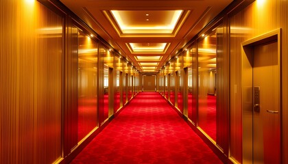 Elegant Hotel Corridor with Red Carpet and Golden Walls