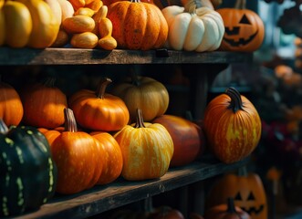 Pumpkins and Gourds on Rustic Shelves for Autumn Harvest Display