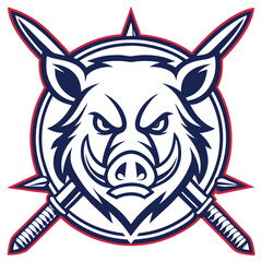 Wild Boar Mascot, Angry Face with Crossed Swords, Red, Blue, and White Colors
