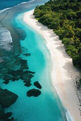 Aerial View of Turquoise Sea and White Sandy Beach.