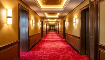 Elegant Hotel Corridor with Red Carpet and Warm Lighting