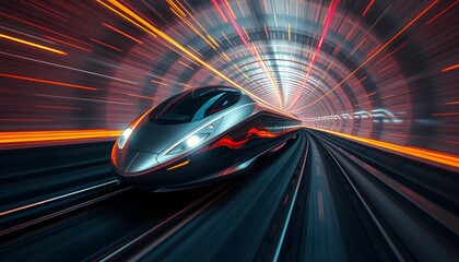 Fototapeta premium Futuristic High Speed Train in Tunnel of Light and Motion