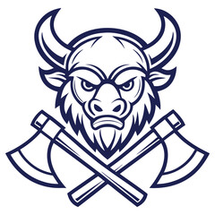 Fierce Bull Head with Crossed Axes, Strong Animal Icon, Silhouette Style, Aggressive Look