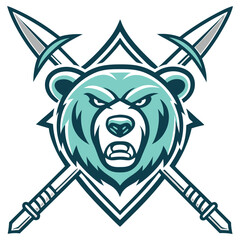 Fierce Teal Bear Face with Swords, Sharp Claws, Open Mouth, and Menacing Expression