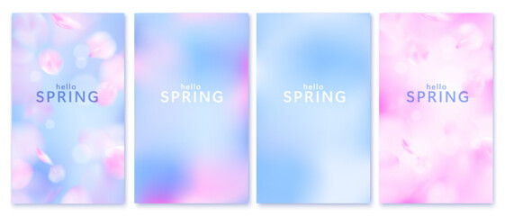Spring soft background. Flying flower petals. Pink flowers. Cherry blossom. Blue sky.