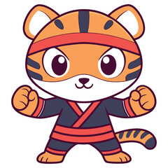 Cute Cartoon Tiger Mascot Character, Striking a Karate Pose with Red Headband Isolated