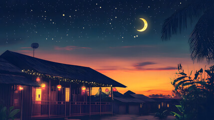 beautiful night scene of traditional malay house decorated with festive lights, crescent moon and stars in sky
