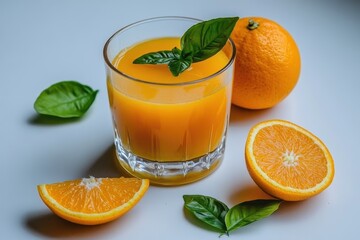 Refreshing Orange Basil Juice with Fresh Citrus and Green Leaves on Light Background