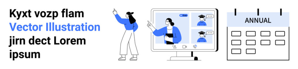 Teacher presenting on screen with students in graduation caps and pointing gesture. Ideal for education, e-learning, virtual events, online courses, academic planning, remote work, simple landing