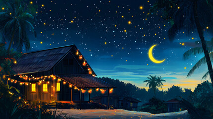 Fototapeta premium beautiful night scene of traditional malay house decorated with festive lights, crescent moon and stars in sky