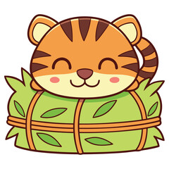 Adorable Cartoon Tiger Smiling with Closed Eyes Wrapped in Green Zongzi, Cute