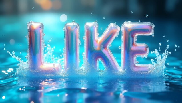 Floating iridescent 'LIKE' text with water splash effect in a tranquil aquatic scene