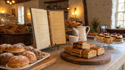 Cozy café display with delicious pastries and a menu in a warm ambiance.