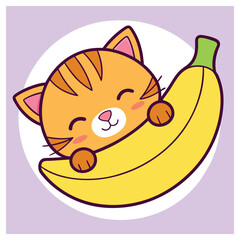 Smiling Orange Cat Hugging a Yellow Banana Cartoon with Lilac Background