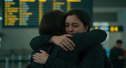 Fototapeta premium Woman Crying and Hugging Friend at Airport Departure Emotional Farewell