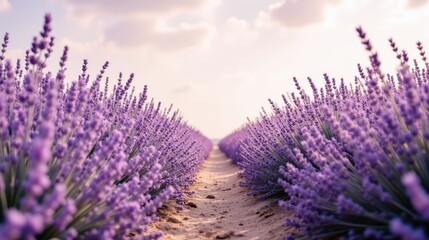 Fototapeta premium Off the beaten path concept. Lavender fields stretching toward a serene horizon under a soft sky.