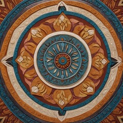 Abstract floral mandala design with blue and orange geometric circle elements