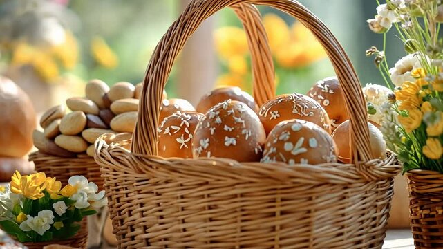 Enjoy a tranquil Easter brunch filled with wicker baskets brimming with decorated eggs. Fresh flowers and baked goods create a warm and inviting atmosphere, perfect for celebration.