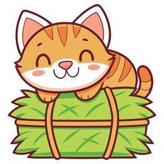 Cute Cartoon Striped Tabby Cat Resting on Green Woven Basket with White Background