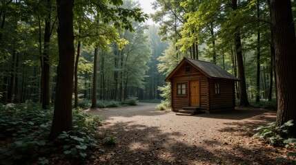 Off the beaten path concept. Cozy cabin nestled in a serene forest surrounded by lush greenery.