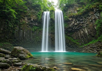 Fototapeta premium Waterfall flows into turquoise pool between mossy cliffs.